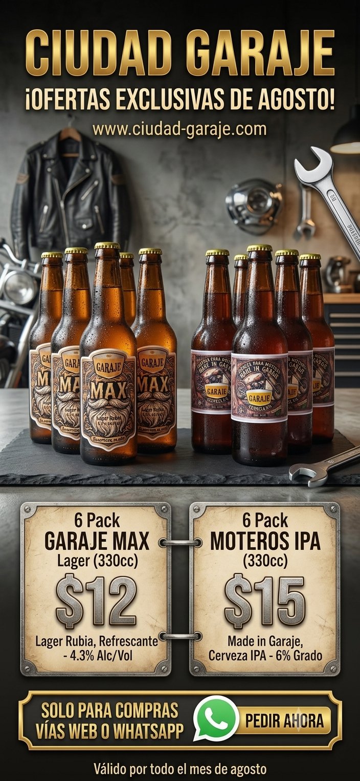 Ofertas Exclusivas de Agosto · 6 Pack MAX $12 · Moteros IPA $15
